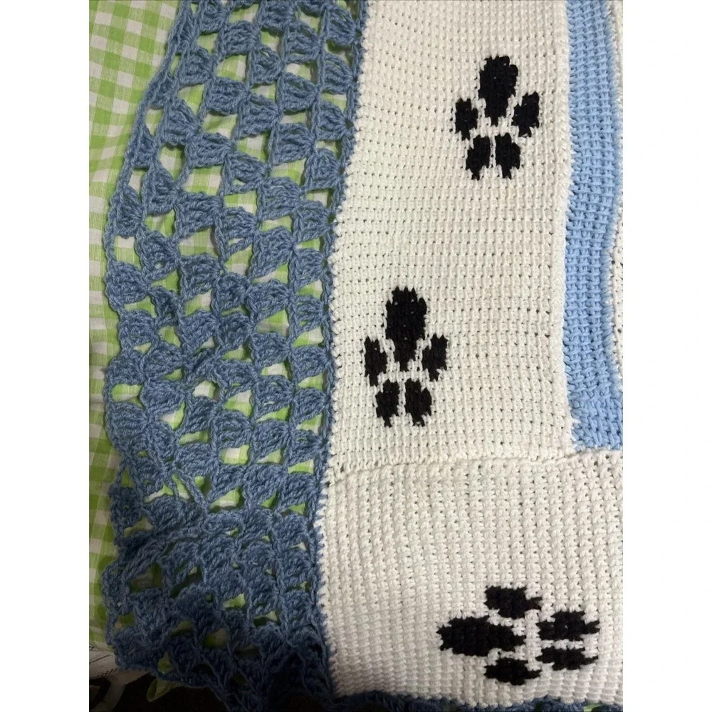 Crochet Blue White Brown Baby Blanket Afghan Handmade‎ Puppy Dog 50x60
